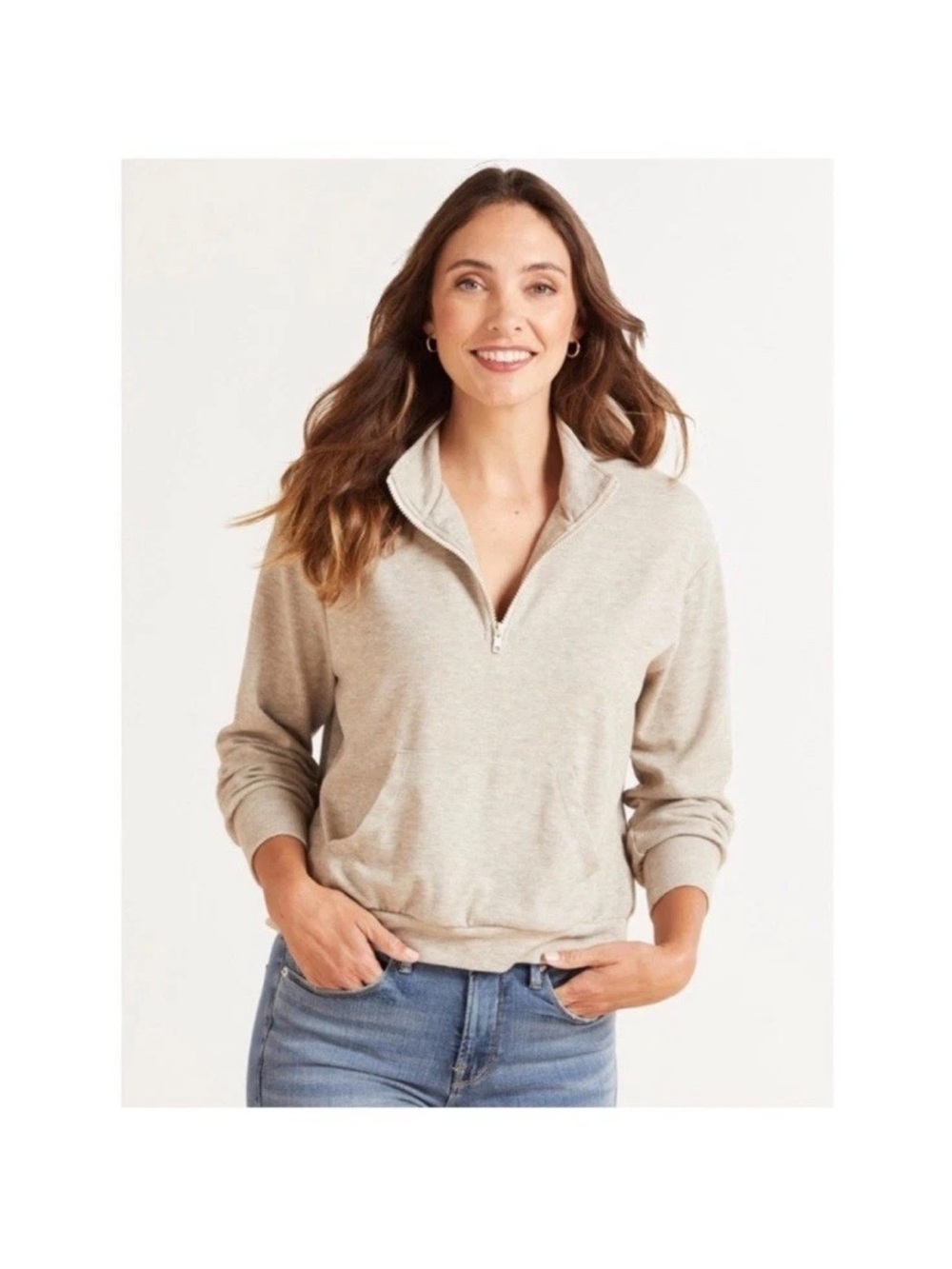Evereve Quarter-Zip Pullover Sweatshirt in Light Beige Oatmeal
